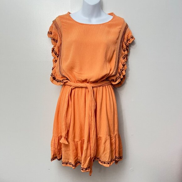 Free People Orange Coral Bronze Embroidered Boho Weekend Brunch Dress Size Large - Picture 2 of 8